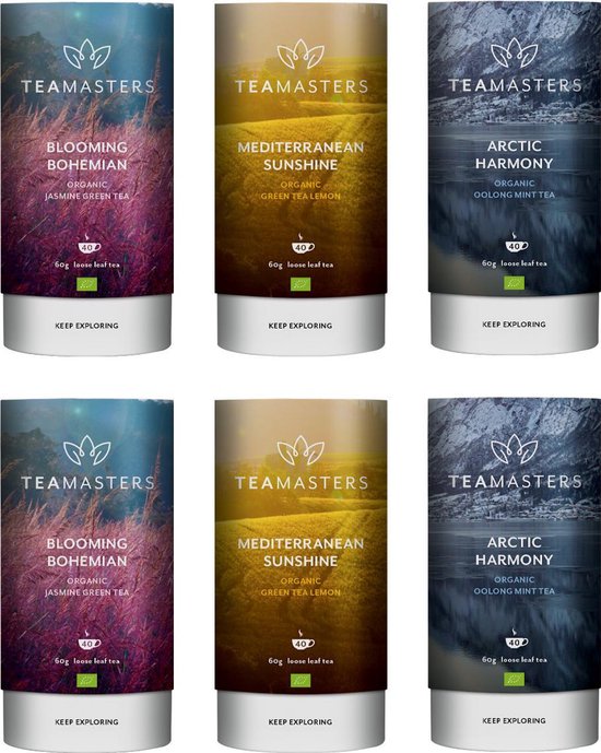 Foto: Teamasters mixbox 6 x 60 gram biologische losse thee 2x blooming bohemian 60 gram 2x mediterranean sunshine 60 gram 2x artic harmony 60 gram groene thee jasmijn oolong munt thee citroen thee cadeautip