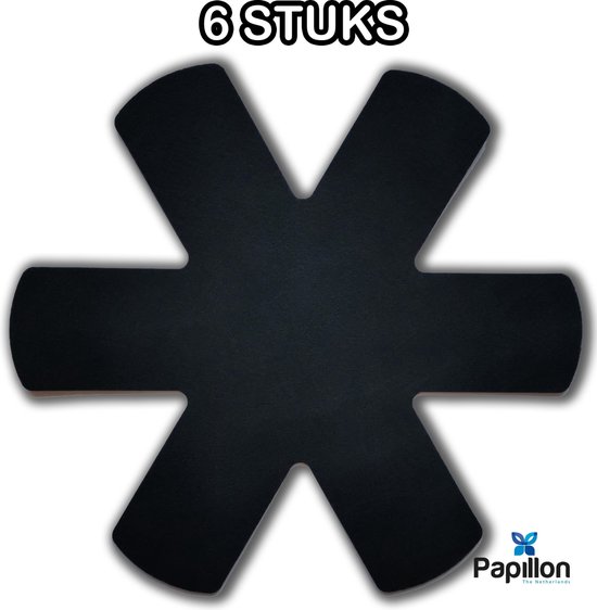 Zes zwarte panbeschermers, elk in een sterformaat, met "6 STUKS" logo.