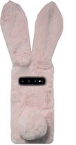 ADEL Siliconen Back Cover Softcase Hoesje Geschikt Voor Samsung Galaxy S10 - Roze Konijn Pluche Stof