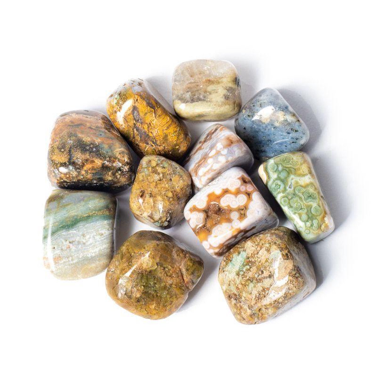 Oceaan Jaspis trommelsteen, edelsteen ±3cm knuffelsteen in linnen zakje (3 stenen)