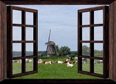 Tuindoek doorkijk door openslaand venster naar een weiland met koeien, schapen en een molen - 100x75 cm - tuinposter - tuinposter doorkijkje – Doorkijk tuinposter - tuinposter doorkijk xxl – Tuinposter buiten