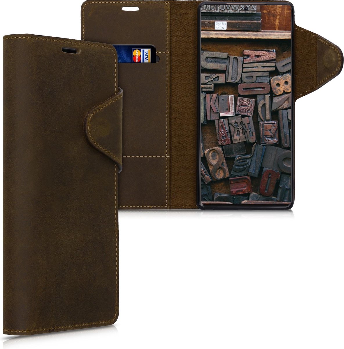 kalibri telefoonhoesje geschikt voor Samsung Galaxy Note 20 - Hoesje met pasjeshouder en standaard - bruin - Wallet case