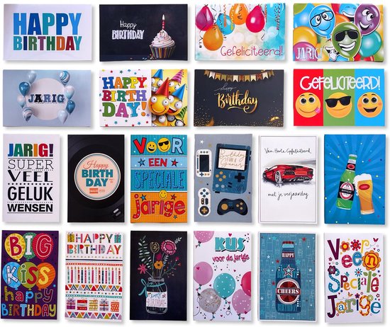 Cards & Crafts 20 Luxe Felicitatie Wenskaarten set- 17x12cm - Gevouwen verjaardagskaarten met enveloppen - Assortie