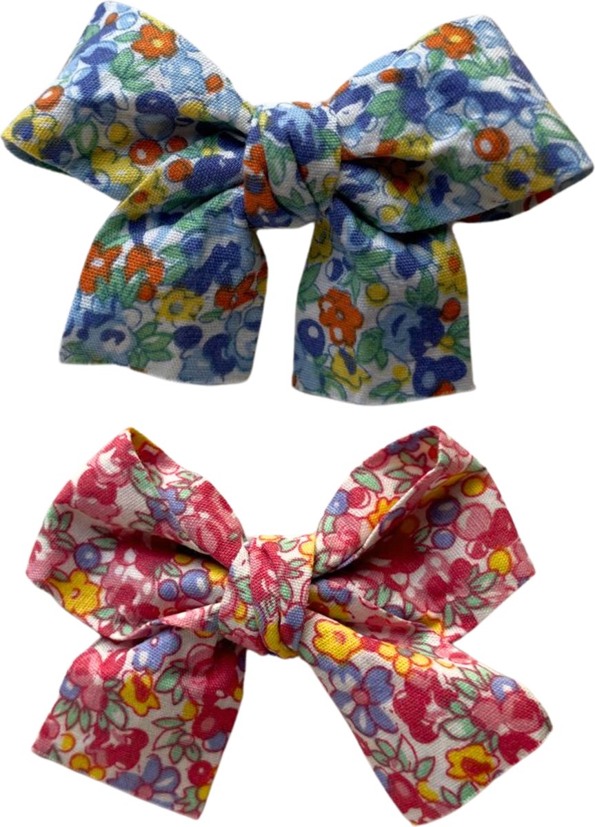 Haarclip - Haarstrik - Haarspeld - Blauw & Rood - Strik met Bloemen - Meisje - Kind - 2 stuks