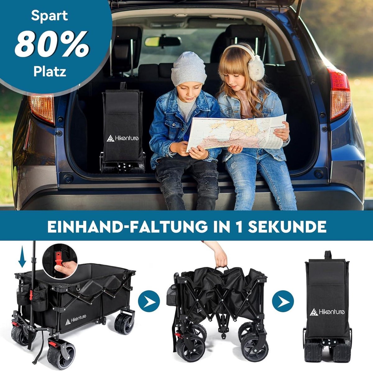 HIKENTURE Bolderkar, opvouwbaar, 135 liter, opvouwbare bolderkar, 150 kg belastbaar, transportwagen, inklapbaar met remmen, inklapbare handwagen voor camping, strand, opvouwbare bolderkar