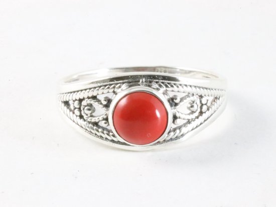 Bague en argent ajourée avec pierre de corail rouge - taille 19,5