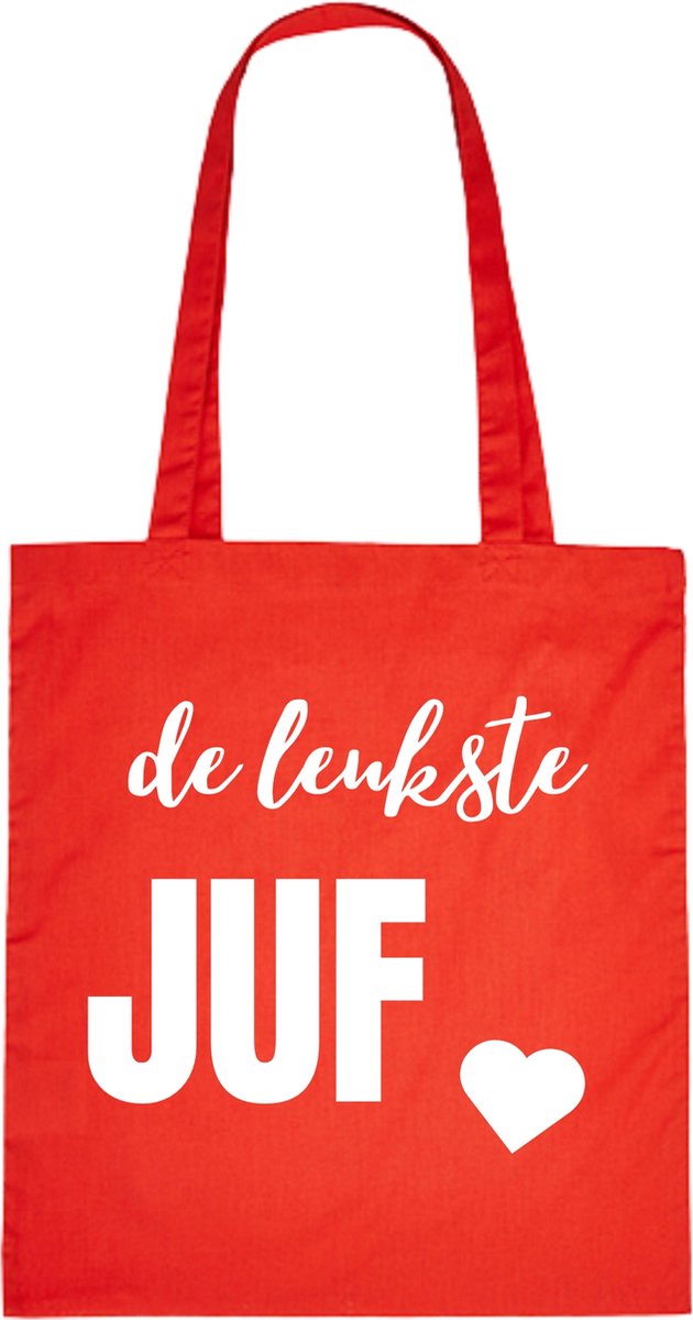 Katoenen tas voor juf -de luekste JUF - ROOD MET WIT LETTERS