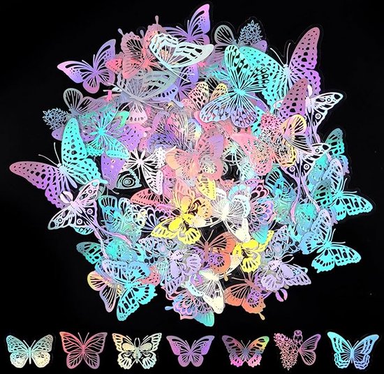 100 Stuks Glitter Vlinderstickers Met Roze Pincet - Holografische Waterdichte Decoratieve Stickers Voor Dagboeken En Enveloppen