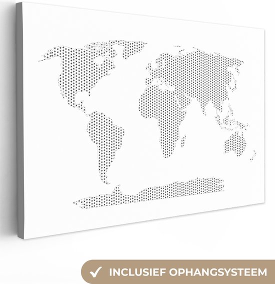Wereldkaart croix et pluses toile noir / blanc grand 120x80 cm | Carte du monde peinture sur toile