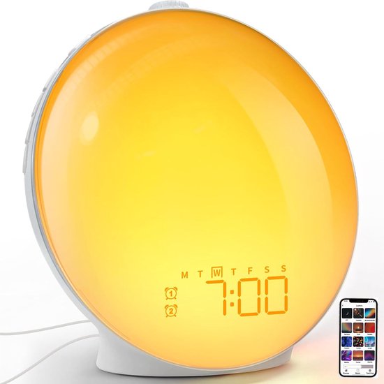 Wekker met gesimuleerde zonsopgang, digitaal 7:00, met app-bediening voor diverse lichtkleuren.
