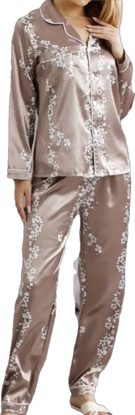 Dilena fashion 2 delig satijn pyjama set champagne bloem