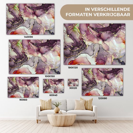 Tableau sur toile Marbre - Rouge - Violet - Or - 140x90 cm - Décoration murale