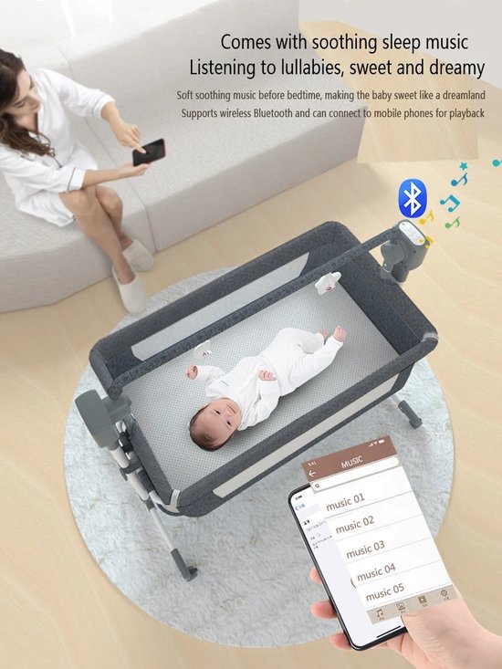 Elektrische Schommelwieg Met Bluetooth - Modern - Baby - Babybedje - Grijs - Aanschuifbedje - Inclusief Tas & Muggennet - Speel Muziek Af via Bluetooth van Merkloos — afbeelding 2