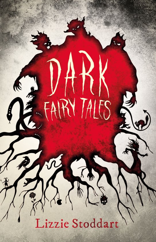 Couverture du livre 'Dark Fairy Tales' par Lizzie Stoddart, avec des silhouettes rouges et noires de monstres et de personnages de contes de fées.