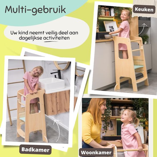 Dwin Leertoren, in hoogte verstelbare kinderopstapje voor peuters - Montessori keukenhulp van natuurlijk hout met anti-tip ontwerp, antislipvoetjes en veilige veiligheidsstangen