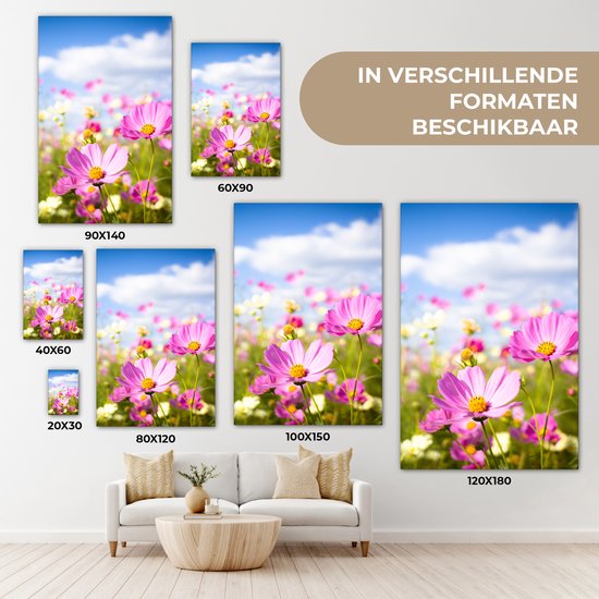 Canvas schilderij 90x140 cm - Wanddecoratie Bloemen - Wei - Paars - Gras - Wit - Wolken - Blauw - Muurdecoratie woonkamer - Slaapkamer decoratie - Kamer accessoires - Schilderijen op canvas