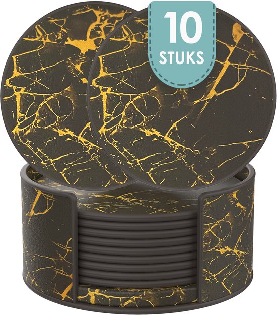 Sous- Sous-verres en marbre de Luxe en cuir avec support - 10 pièces - Sous-verres pour Verres - Sous-verres en verre pour la table - Sous-verres - Zwart / Or - Rond