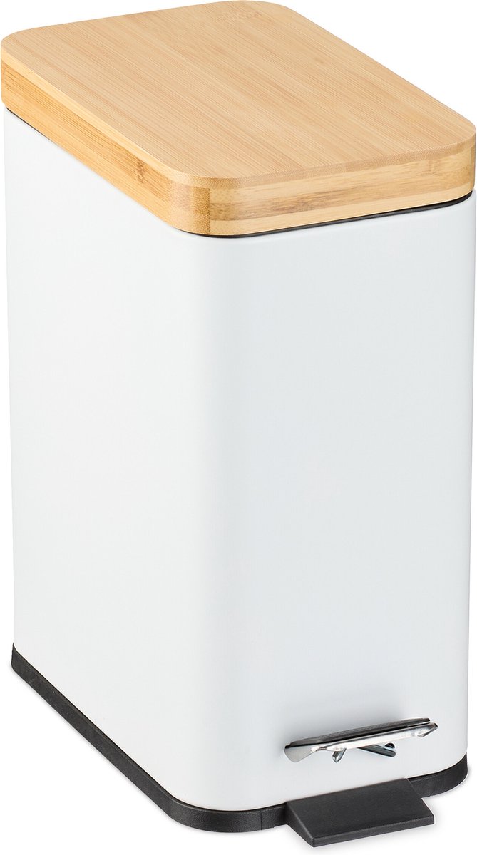 badkamer prullenbak - 5 liter - uitneembaar bakje - softclose - bamboe deksel - toilet - wit