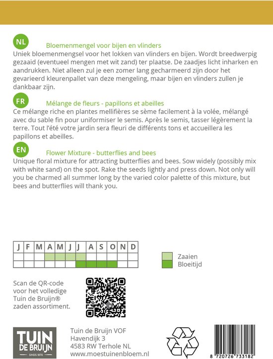 Tuin de Bruijn® zaden - Bloemenmengsel voor bijen en vlinders - voor 10m2 - voordeelverpakking - 5 gram - 12 soorten