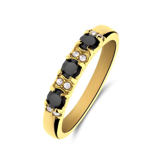 Lucardi Dames Stalen goldplated vintage ring met zwarte zirkonia - Ring - Staal - Goud
