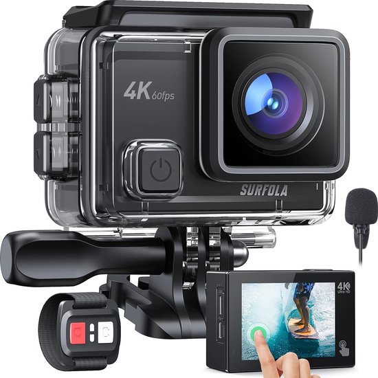 Surfola SF430PRO Actiecamera 4K - Motorfietshelm Onderwater WiFi Touch Screen Camera met 60FPS 20MP 8X Zoom Lens EIS stabilisatie - inclusief afstandsbediening, externe microfoon, 2 * batterijen en accessoires kit