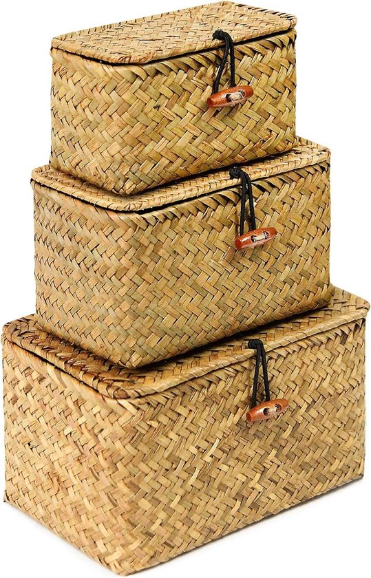 Plankmanden met deksel set van 3 - handgeweven - zeegras opbergdoos - rieten mand - desktop make-up organizer - multifunctionele container - FEILANDUO - origineel - S/M/L Wicker Storage Basket (2-5)