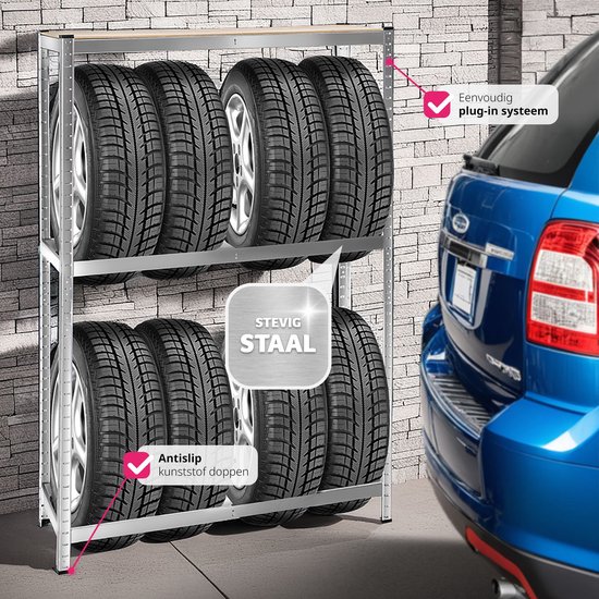 Lospitch bandenrek, 8 banden, 107 x 46 x 117 cm, gepoedercoat, metalen werkplaatsplank voor garage, kelder, magazijn met beschermhoes Lospitch bandenrek, 8 banden, 107 x 46 x 117 cm, gepoedercoat, metalen werkplaatsplank voor garage, kelder, magazijn met beschermhoes