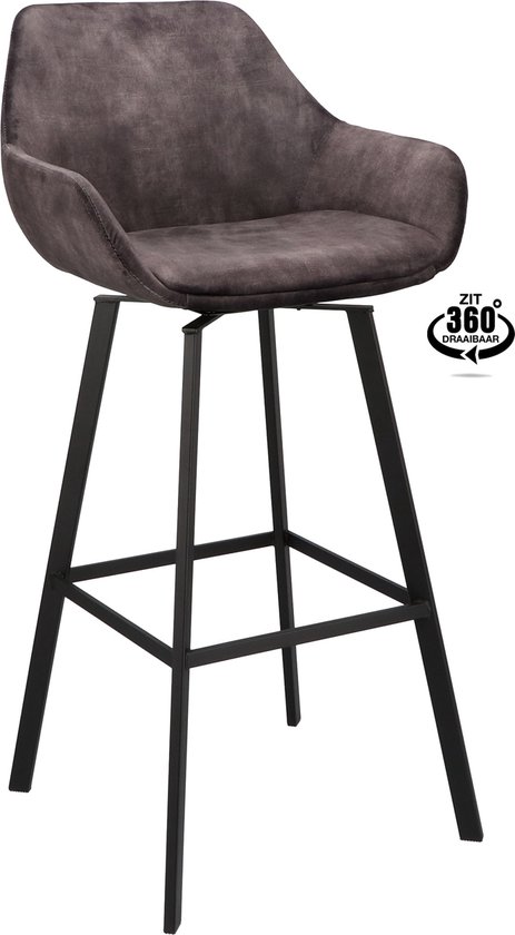 Tabouret de bar Ronan - Velours Adore Anthracite - Pied Zwart