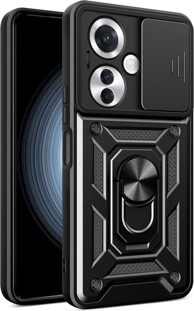 MobyDefend Hoesje - Geschikt voor Oppo Reno 11F - Pantsercase Met Draaibare Ring - Zwart