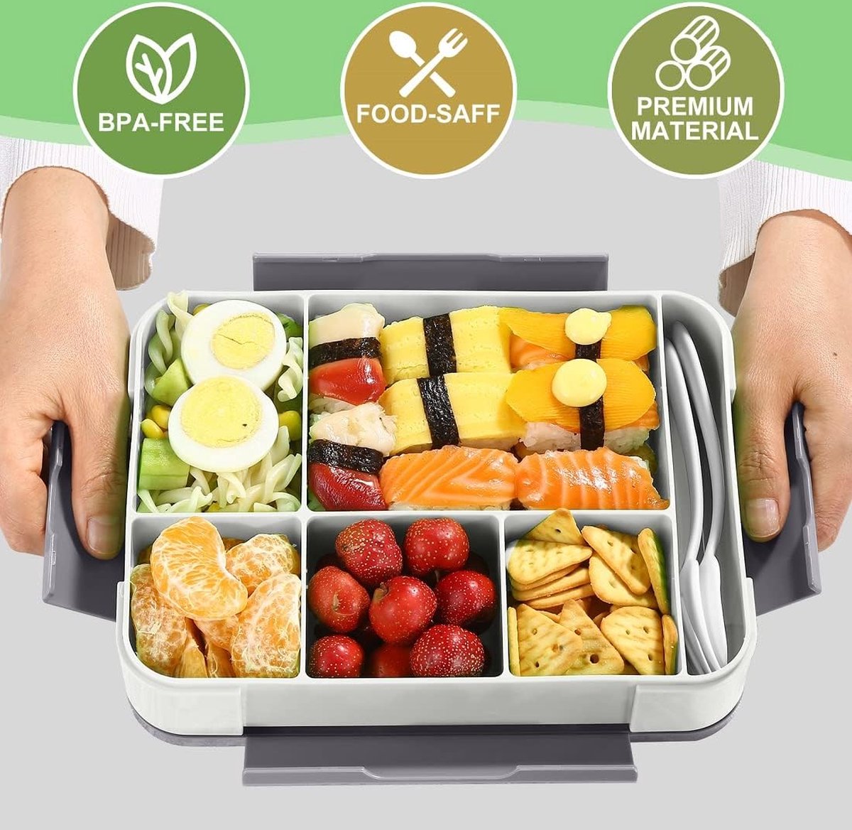 Kinderbroodtrommel met vakken, 1300 ml, BPA-vrij, Bento Box, lunchbox voor kinderen, lekvrij, met 5 vakken, snackbox, broodtrommel voor volwassenen, meisjes en jongens, magnetron/vaatwasmachinebestendig ,grijs