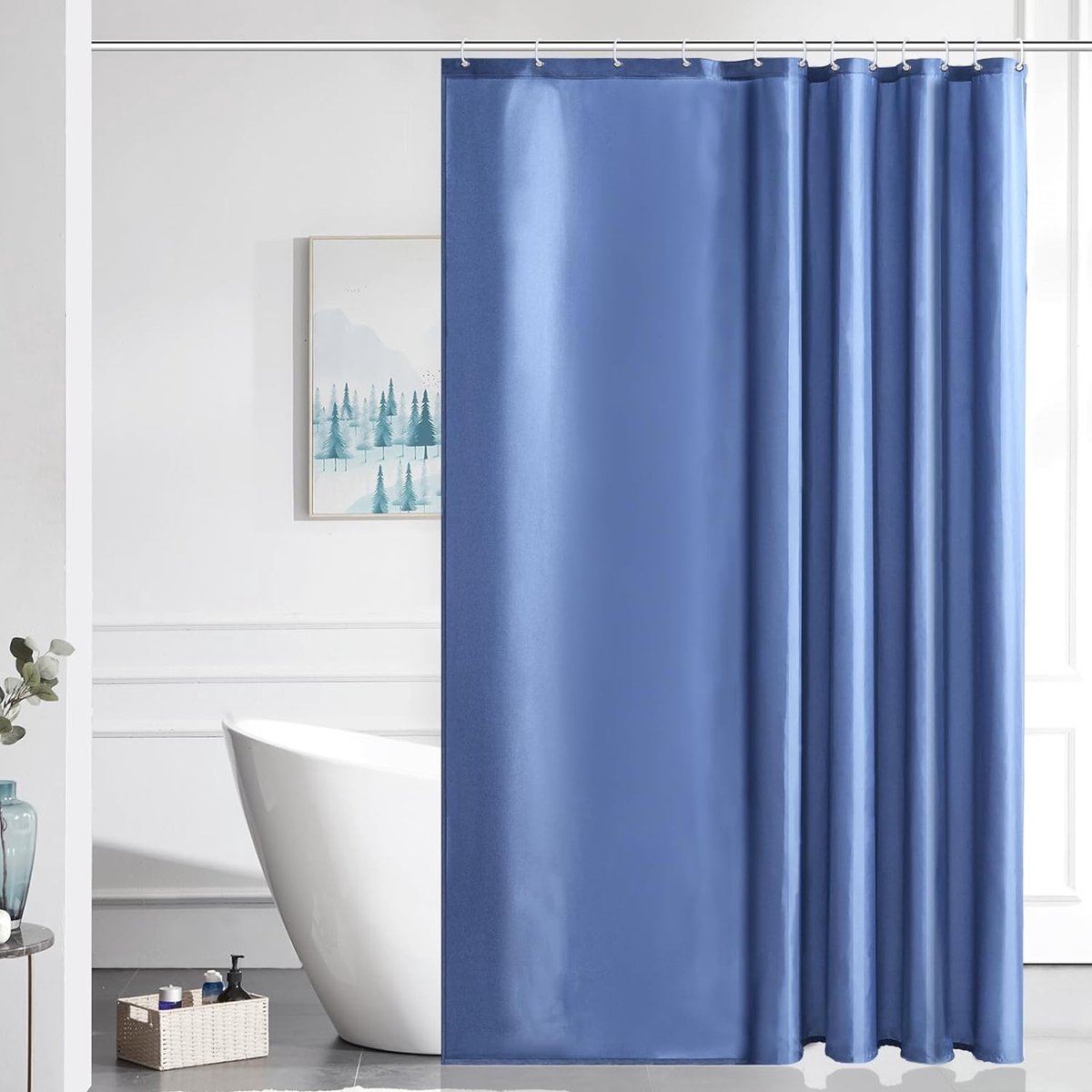 Douchegordijn, schimmelbestendig, voor badkamer, polyester, mistig blauw, 2,13 m, waterdichte en roestvrij, wasbaar, met verzwaarde onderkant en 12 haken, extra lang, 180 x 210 cm