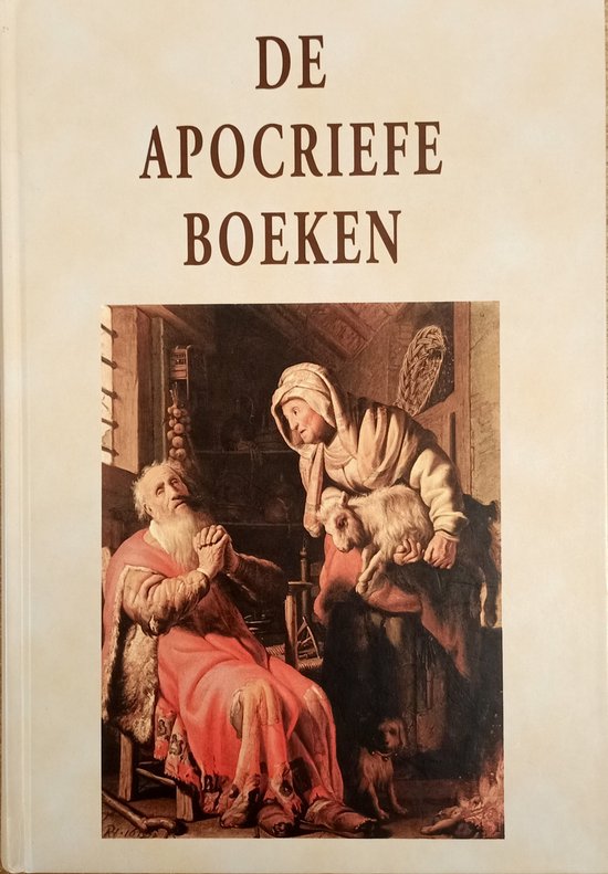 De apocriefe boeken. Omslag met schilderij van een man in rode toga met gebogen hoofd, in gesprek met een vrouw die een lam vasthoudt.