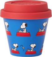 Quy Cup - 90ml Ecologische Reis Beker - Espressobeker "Peanuts Snoopy 9 Writing” met Rode Siliconen deksel 7x7x7cm