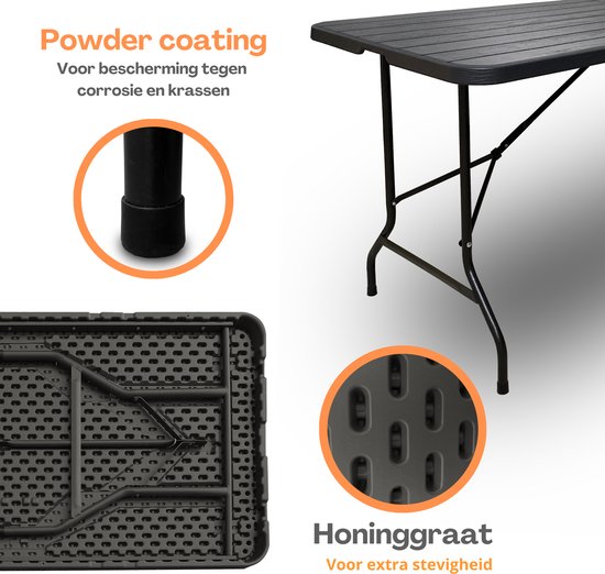 Zwarte tafel met poedercoating en honingraatstructuur 'Voor extra stevigheid'.