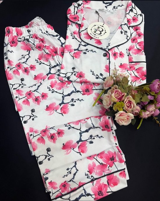 Dames 2- Delige -Pyjama- Luxe Pyjamaset- Nachtkleding- Homewear -Katoen- Cadeauset voor Vrouwen- Zomer- Bloemen Print Maat L