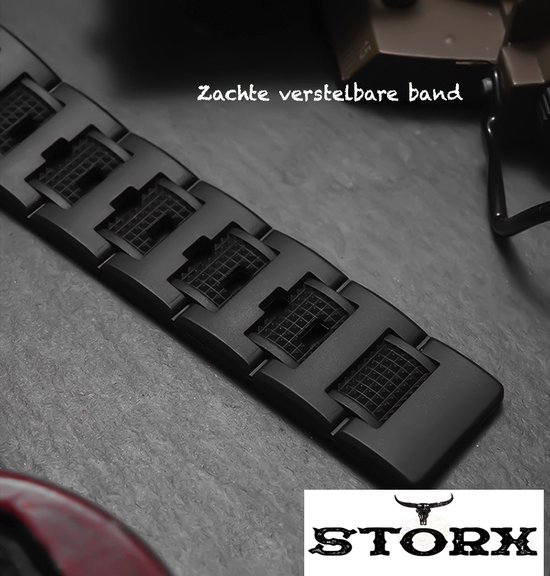 Mat zwarte metalen horlogeband met schakels en vierkante patronen.
