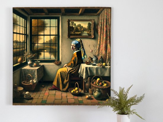 Line art vermeer schilderij | Verweven lijnenspel van Vermeer: een artistieke ode aan harmonie | Kunst - 20x20 centimeter op Canvas | Foto op Canvas