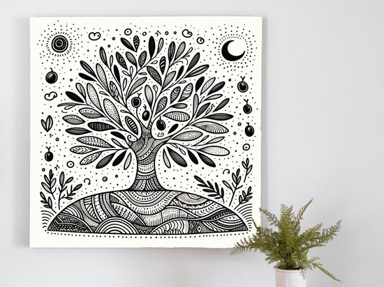 Doodle olijfboom schilderij | Krabbels van genialiteit: een schilderij van een olijfboom met dromen | Kunst - 30x30 centimeter op Canvas | Foto op Canvas