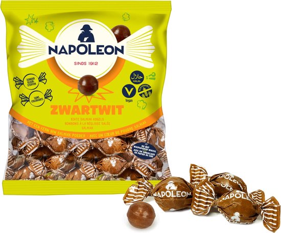 Zak Napoleon Zwart-Wit kogels met een groene en oranje verpakking. Inhoud: 1kg. Zonder kleurstoffen. Vegan.