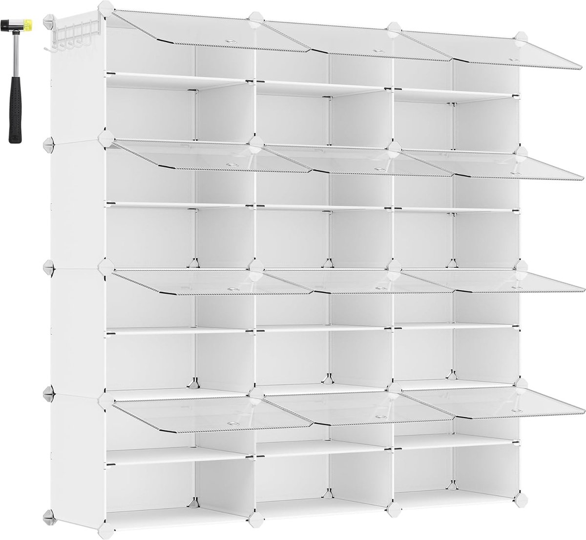 Schoenenrek met 12 planken, schoenenkast, 30 x 40 x 30 cm per plank, smal, met deuren, stalen frame, kunststof, voor gang, slaapkamer, hal, wit