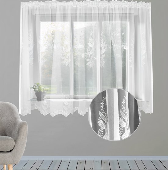 Glow Thuis Kant-en-Klaar Vitrage Gordijn - Wit - Decoratief Bloemmotief Borduurwerk - 400x160 cm