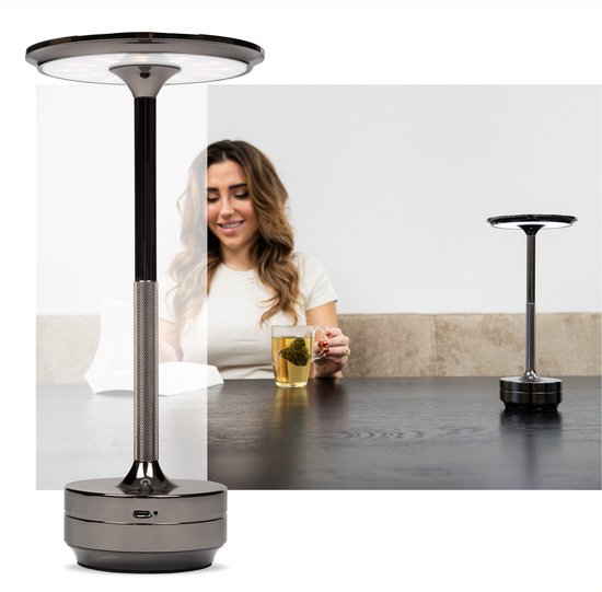 BandiO Rome Tafellamp Oplaadbaar Parel Zwart – Draadloos en dimbaar – Krachtige 5200mAh batterij - Moderne touch lamp – Nachtlamp Slaapkamer – Parel Zwart - Tuin verlichting