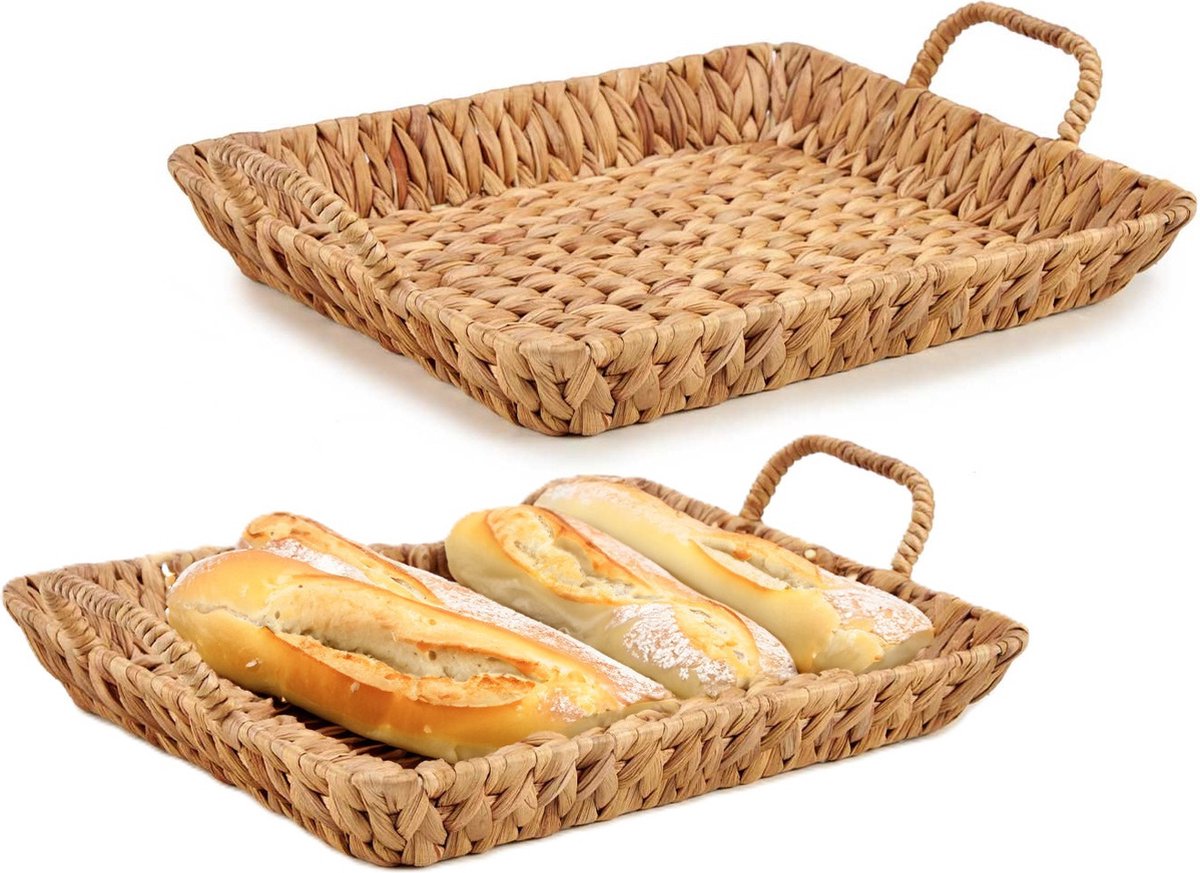 Giftdecor Opbergmandje/Broodmandje - 2x - gevlochten riet - naturel kleur - 32 x 44 x 10 cm - serveermandje - met hengsels - fruitmand