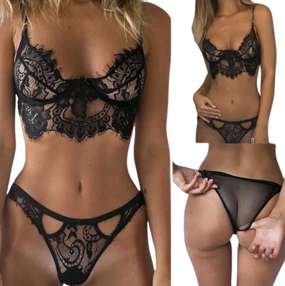 Goedkoopste Ultra Dunne Lingerie Set - Satijn en Dun Geweven Linnen - Zwart - BH en Slip - Zwarte Dames Nachtkleding