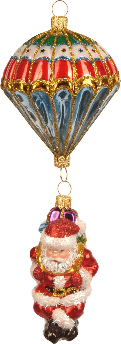 Kerstman parachute van mondgeblazen glas in rood, goud, blauw en groen - 18cm.