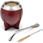Bol.com Premium Yerba Mate Kalebas (Mate Cup) Met Leer Omwikkeld - Uruguayaanse Mate - Inclusief Roestvrijstalen Bombilla en Rei... aanbieding