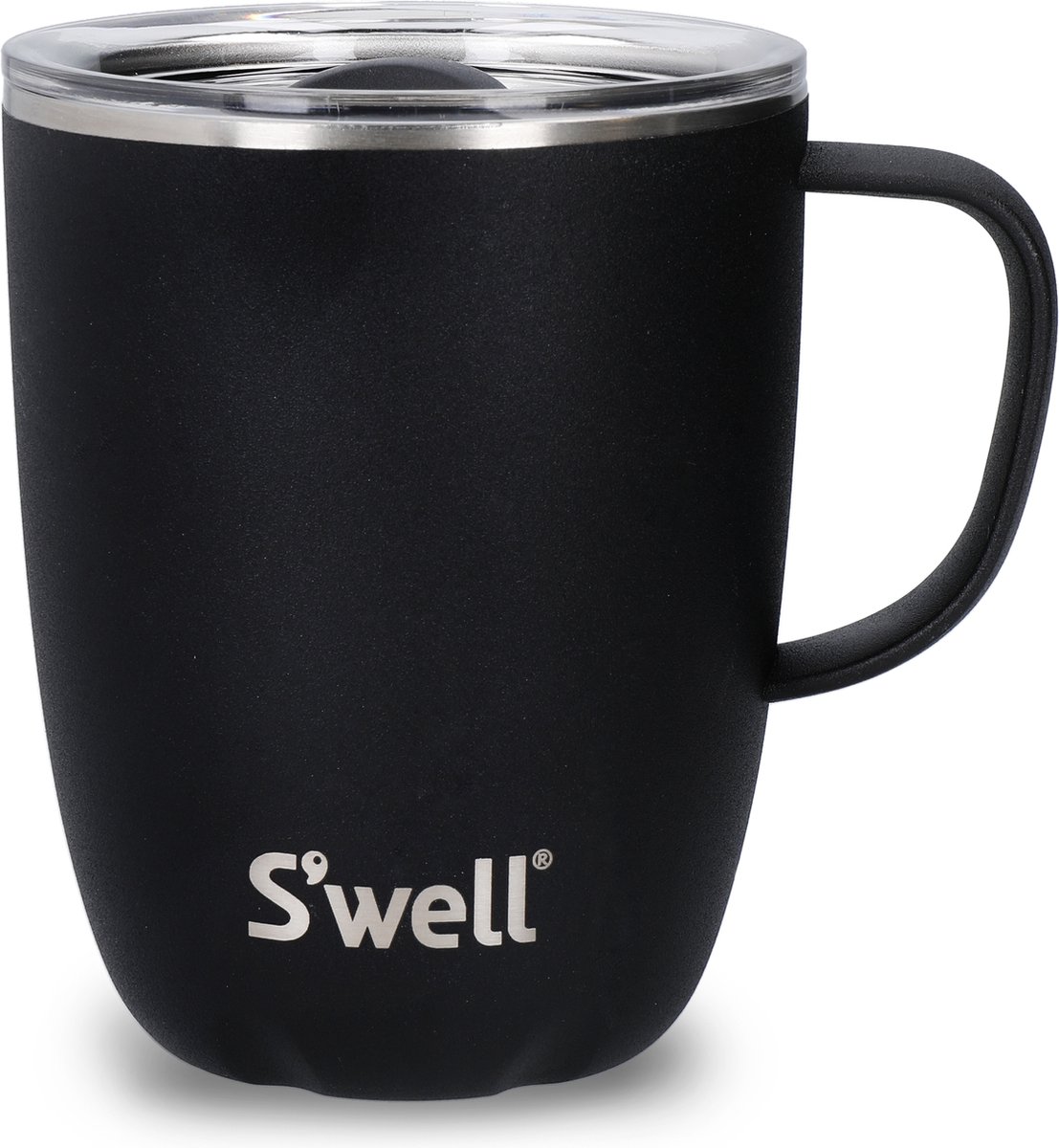 S'well Mok met Handvat, Zwart Onyx, 350ml. Vacuüm geïsoleerde roestvrijstalen reisbeker met handvat, reisbeker voor onderweg met schuifdeksel - en vaatwasmachinebestendig