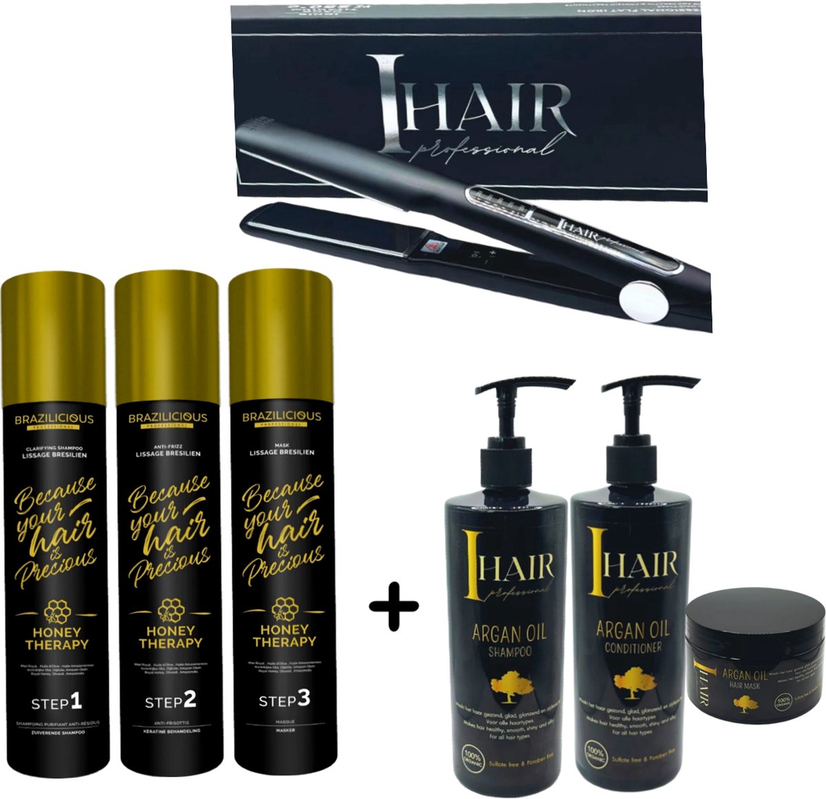 Brazilicious Honey therapy 3 x 1000ml & stijltang I HAIR 250 ° pro & + Onderhouds shampoo & Conditioner & Masqu
