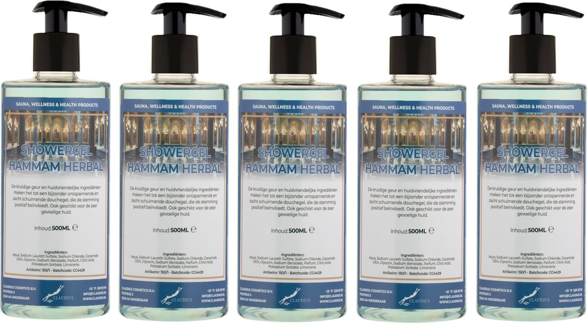 Goedkoopste Douchegel Hammam Herbal 500 ml - set van 5 stuks - met gratis pomp - Showergel