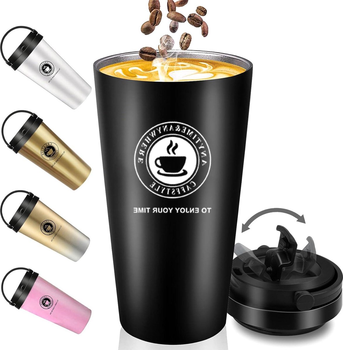 Koffiebeker to-go van roestvrij staal dubbelwandig geïsoleerd lekvrij met drinkopening 500 ml reismok voor koffie en thee (zwart) travel coffee mugs with handletravel coffee mugs with handle